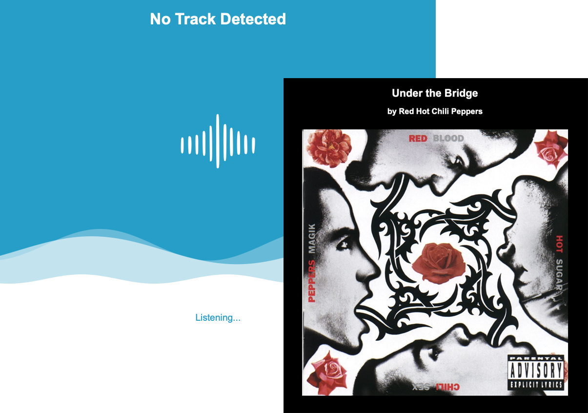 Album Art Display interface showing listening and matched-track states