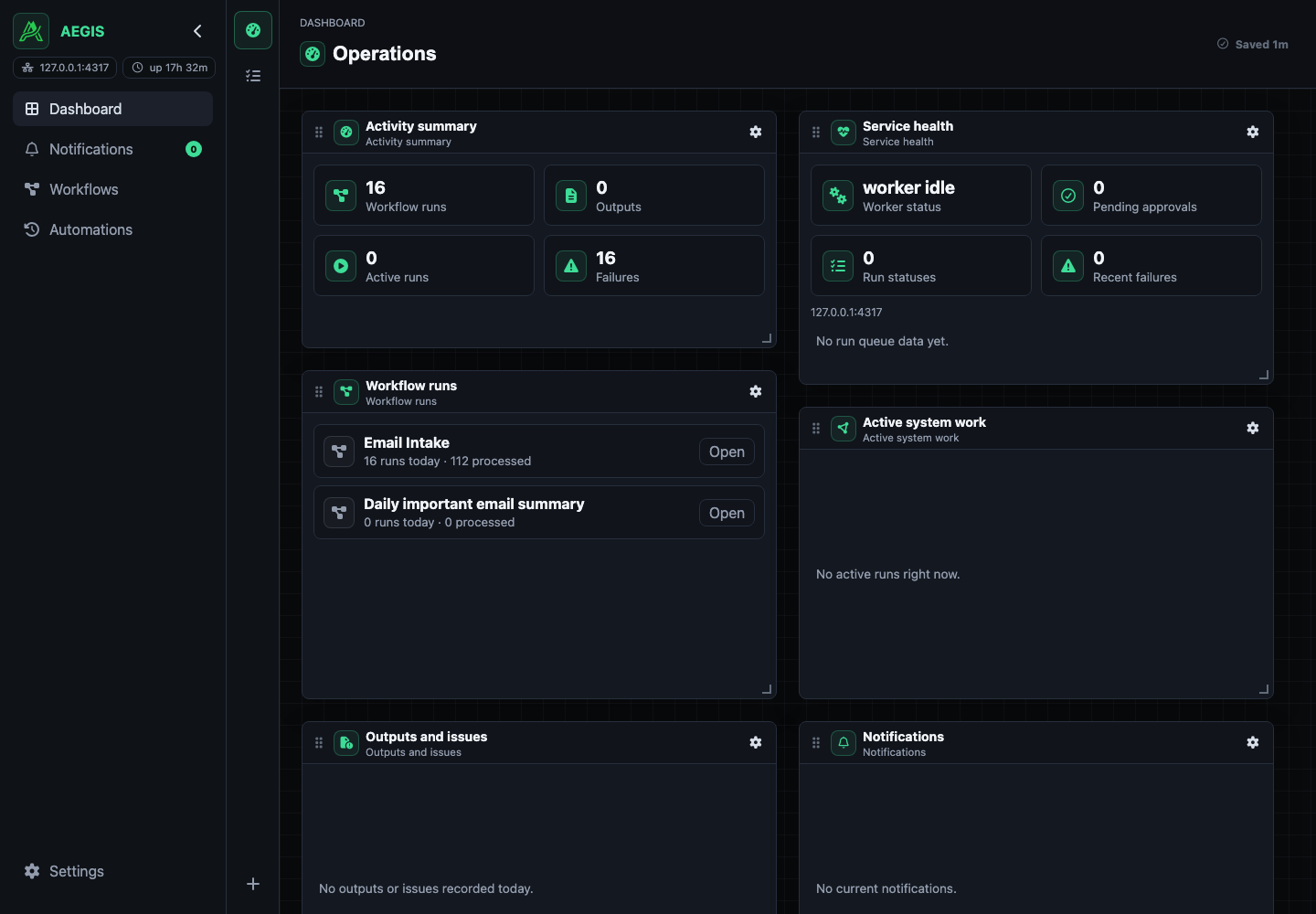 Aegis dashboard showing projects, recent runs, and system activity