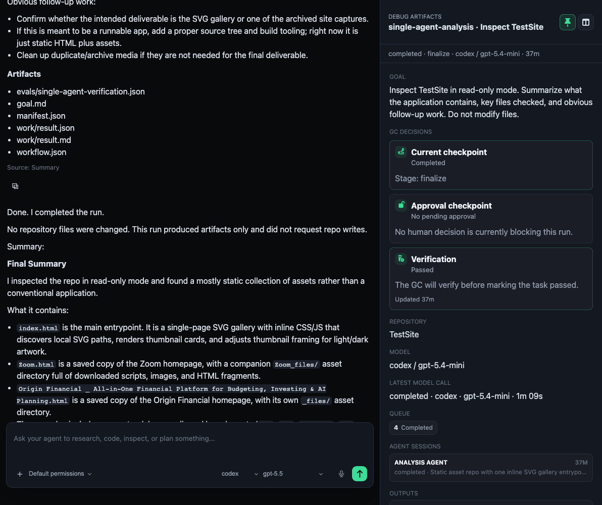 Aegis project workspace showing a supervised agent conversation and run controls