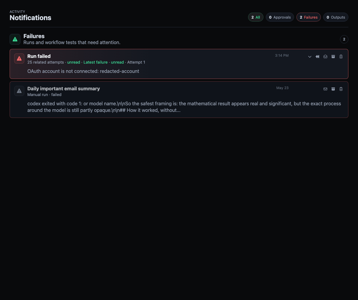Aegis interface showing run activity, alerts, and items requiring attention