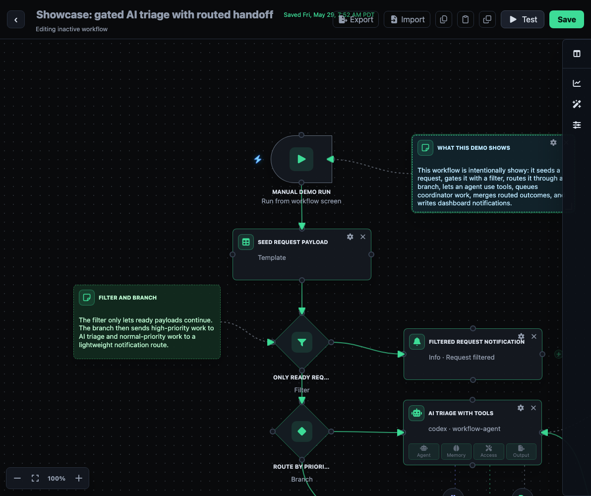 Aegis visual workflow designer with connected agent and tool nodes