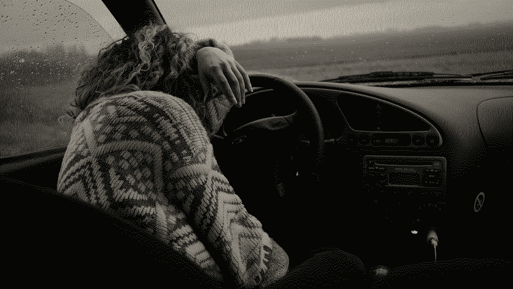 A woman rests her head against the steering wheel with one hand draped over it inside a car on a rainy day