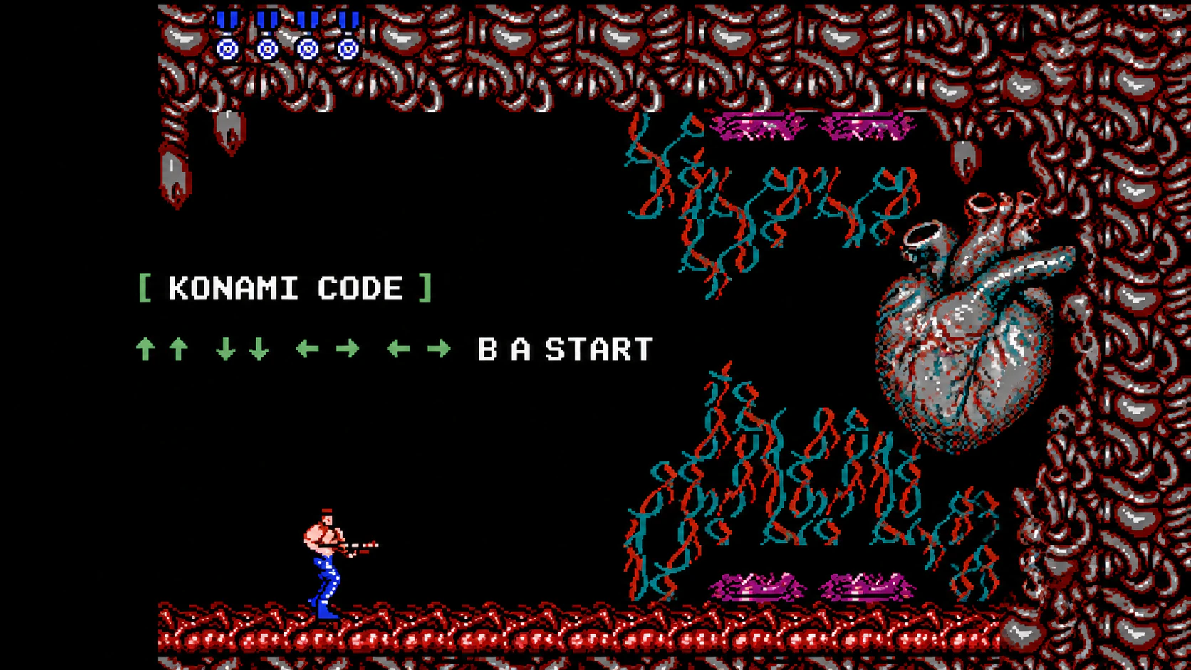 NES-style Contra final battle showing a commando facing the exposed alien heart, overlaid with the Konami Code: up, up, down, down, left, right, left, right, B, A, Start