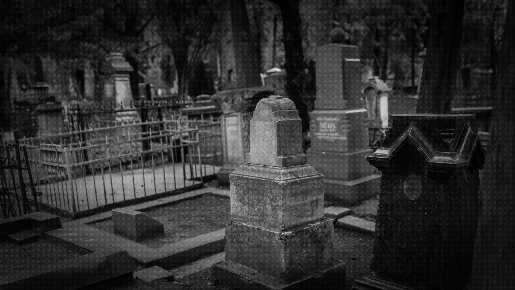 Weathered headstones and iron grave enclosures beneath trees in an old cemetery.